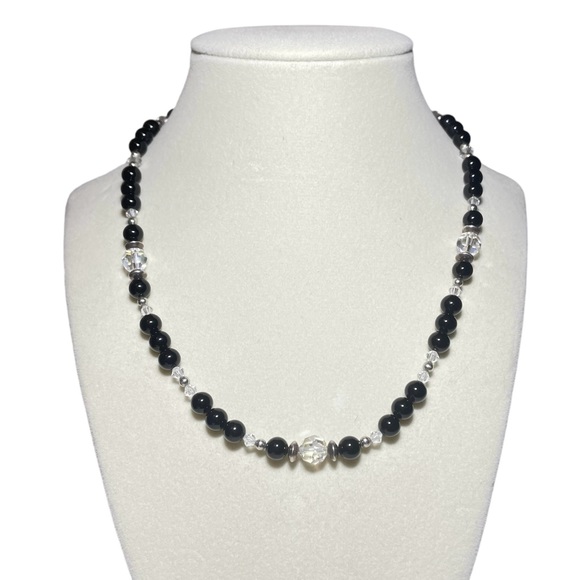 Black Onyx with Faceted Aurora Borealis Crystals Necklace w/Sterling Clasp - Picture 2 of 5